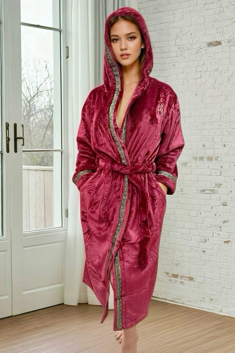Hooded Royalty Robe With Gold Greek Key Trim - Royalty Robes - a model wearing a long dark red bathrobe with a hood and gold Greek key trim. Soft fleece housecoat for women with pockets.