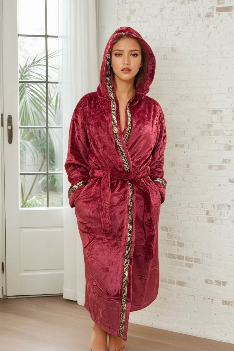 Hooded Royalty Robe With Gold Greek Key Trim - Royalty Robes - a model wearing a long dark red bathrobe with a hood and gold Greek key trim. Soft fleece housecoat for women with pockets.