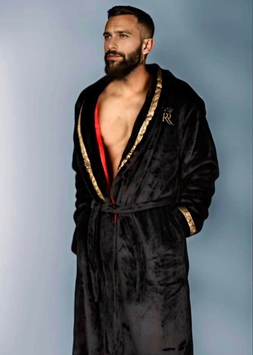 Black with Red Interior double layer plush robe, gold greek key trim –  Royalty Robes