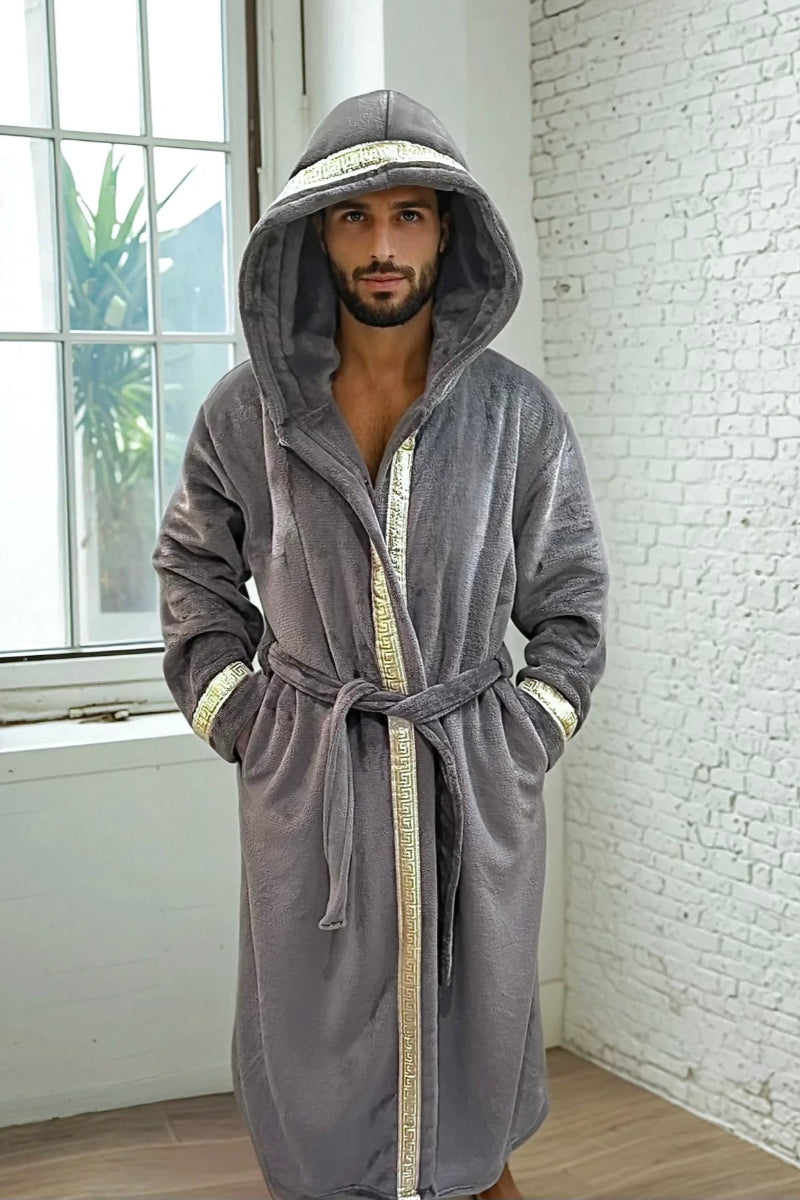 Grey Hooded Royalty Robe with Gold and Silver Greek Key Trim, soft fleece hooded bathrobe for men.