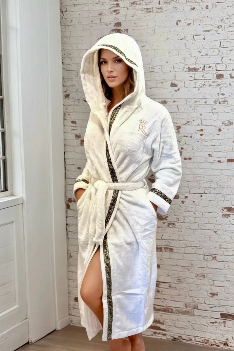 Hooded Royalty Robe With Gold Greek Key Trim - Royalty Robes - a model wearing a white bathrobe with a hood and gold Greek key trim. Soft fleece housecoat for women with pockets.