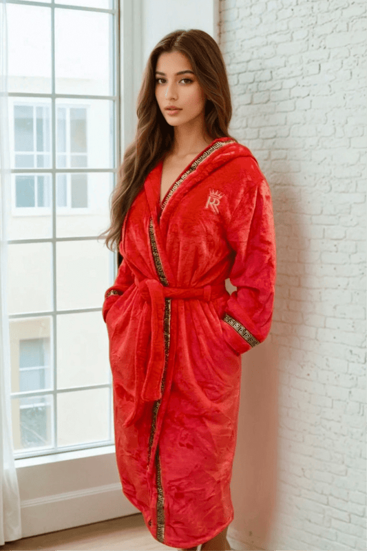 Hooded Royalty Robe With Gold Greek Key Trim - Royalty Robes - a model wearing a long bright red bathrobe with a hood and gold Greek key trim. Soft fleece housecoat for women with pockets.