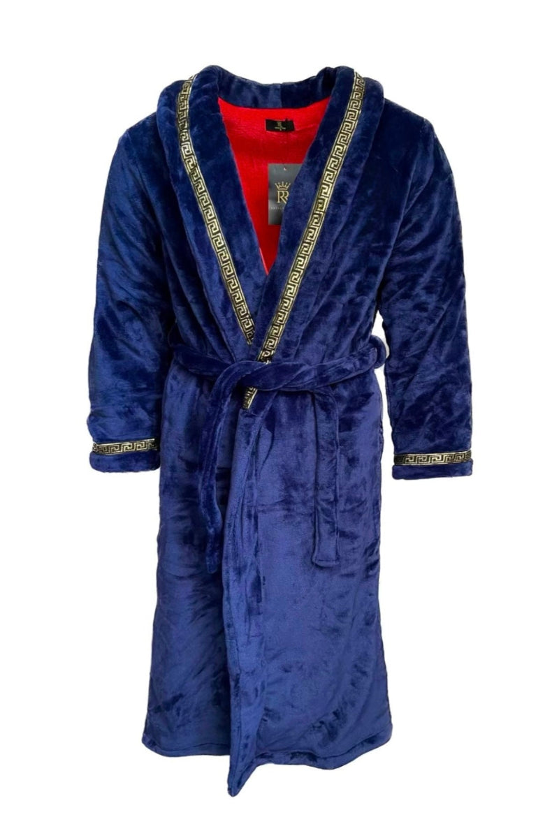 The blue Royal King Robe by Royalty Robes. Double layer robe with blue exterior and red interior and gold Greek key trim. Soft fleece mens robe with pockets. Luxury housecoat for men.