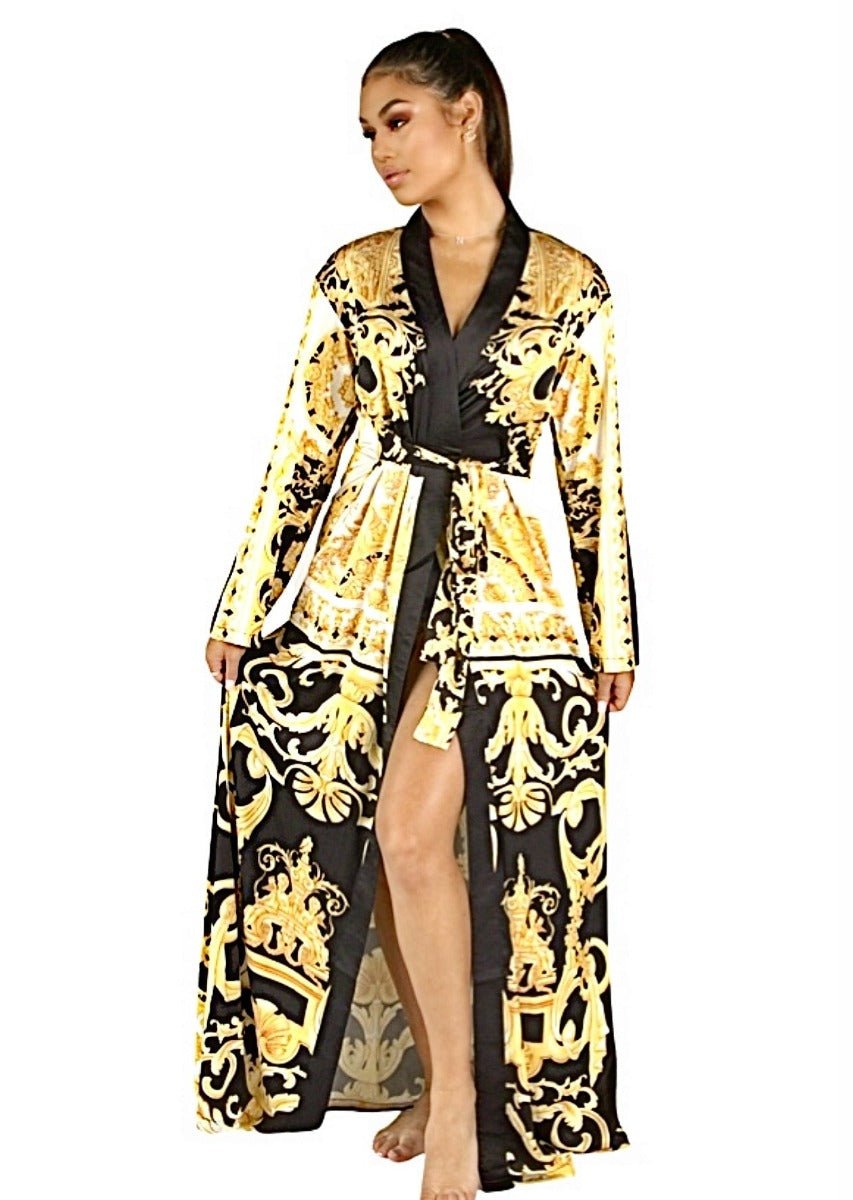 A yellow, black and white long and flowing duster style wrap dress robe housecoat with barocco print - luxury robe