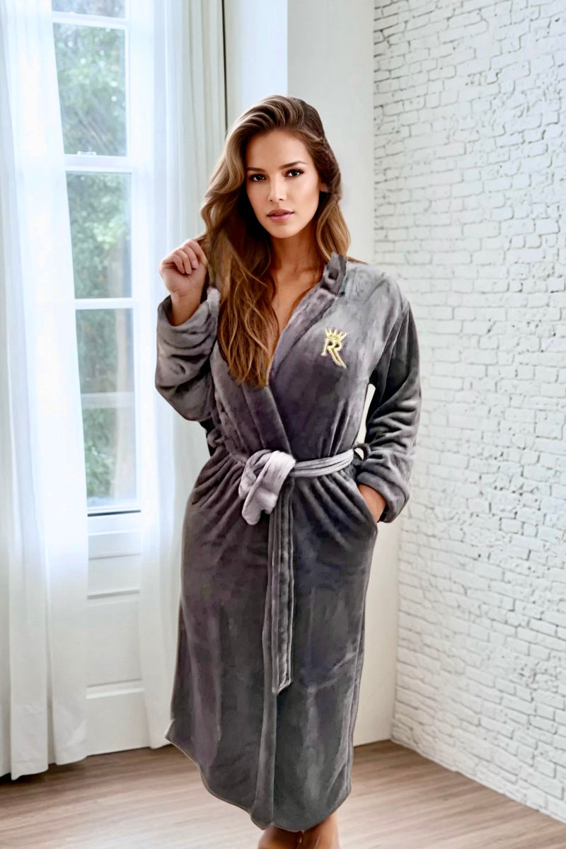 Womens Grey Hooded Royalty Robe - Royalty Robes - model wearing soft grey fleece bathrobe with hood and pockets.