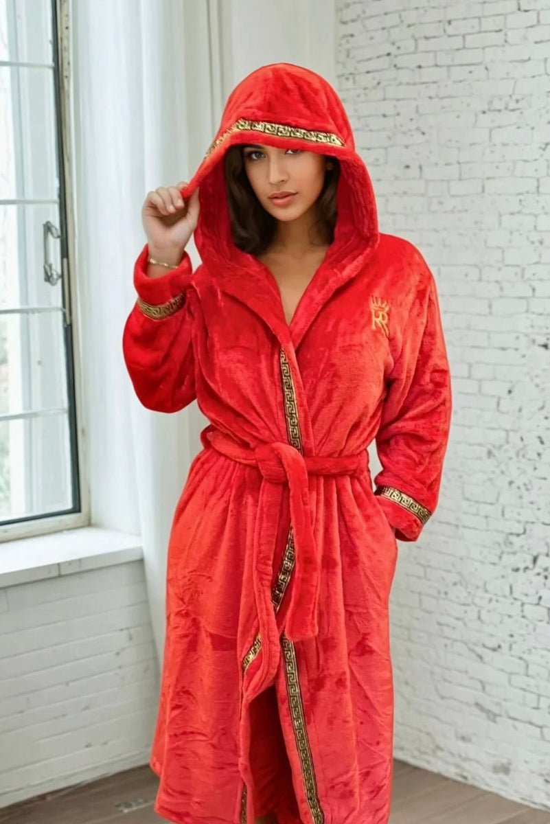 Hooded Royalty Robe With Gold Greek Key Trim - Royalty Robes - a model wearing a long bright red bathrobe with a hood and gold Greek key trim. Soft fleece housecoat for women with pockets.