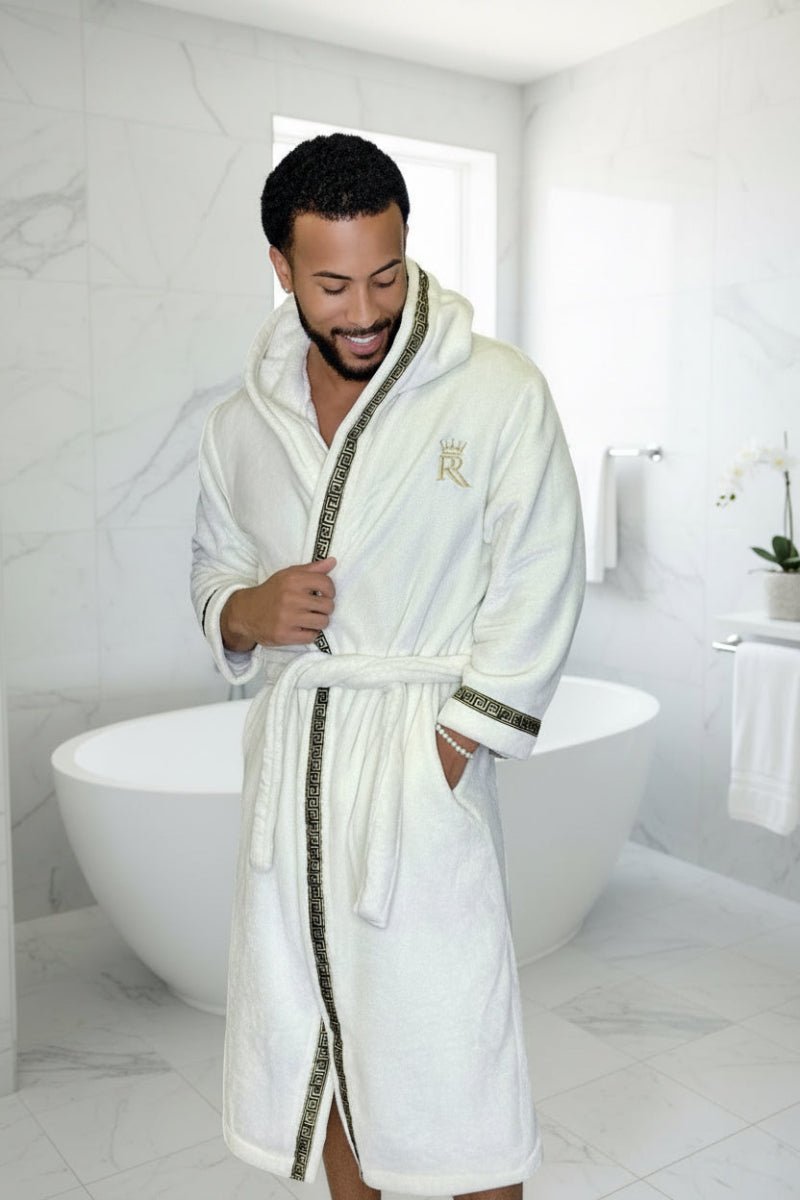 White Hooded Royalty Robe With Gold Greek Key Trim - Royalty Robes