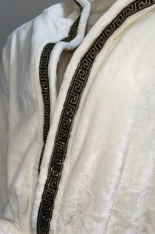 Hooded Royalty Robe With Gold Trim - Royalty Robes - white robe with gold Greek key trim.