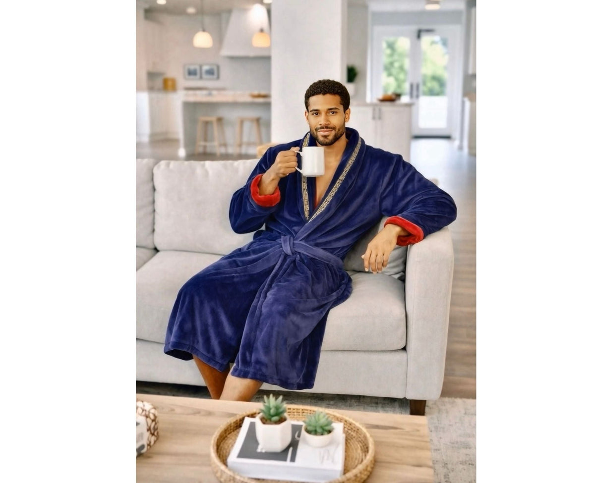 Royalty Robes Double Layer Blue Fleece Robe with Red Interior and Gold Greek key Trim