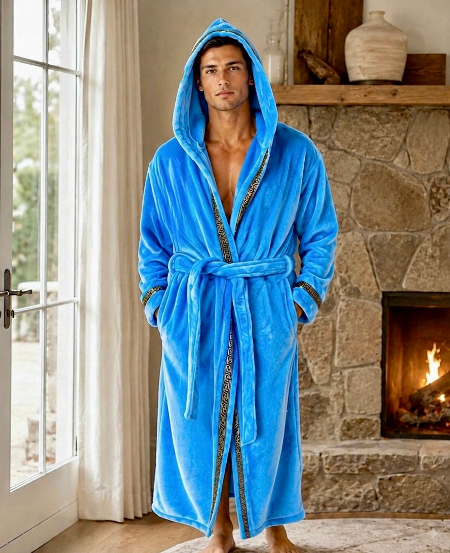Men's Sky Blue Royalty Robe With Gold Greek Key Trim