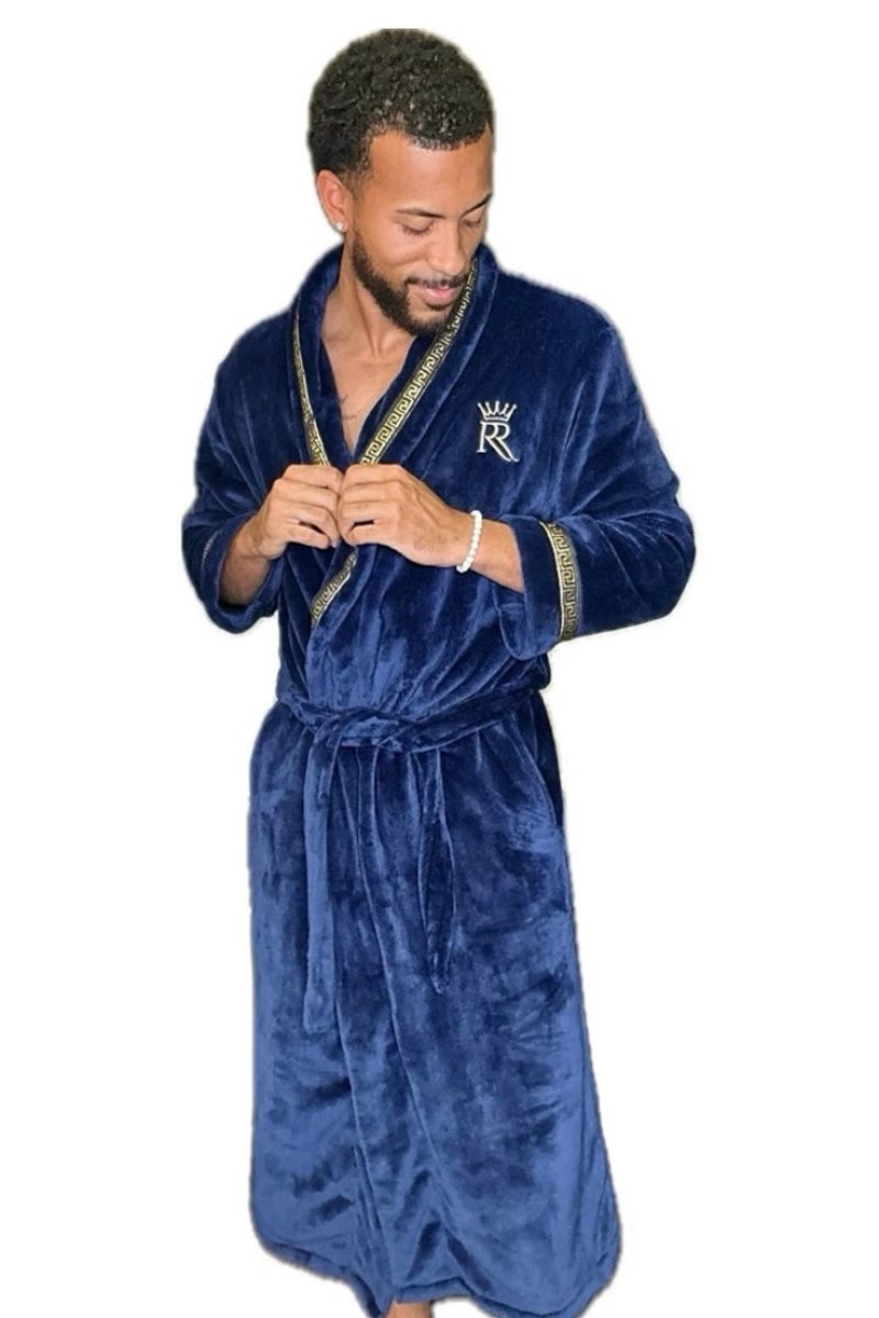 Male model wearing a blue robe. Dark blue, soft and cozy fleece mens bathrobe, housecoat loungewear with gold Greek key trim. Great gift for men. 