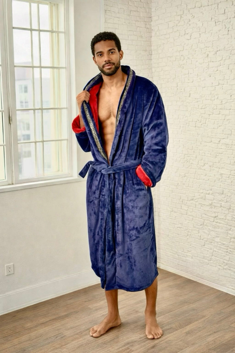 Blue Royal King Robe with red interior and gold Greek key trim by Royalty Robes