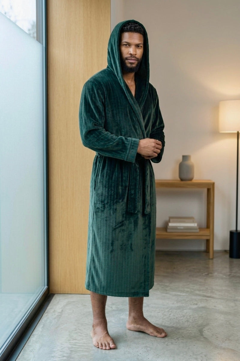 Man wearing dark green fleece hooded robe by Royalty Robes