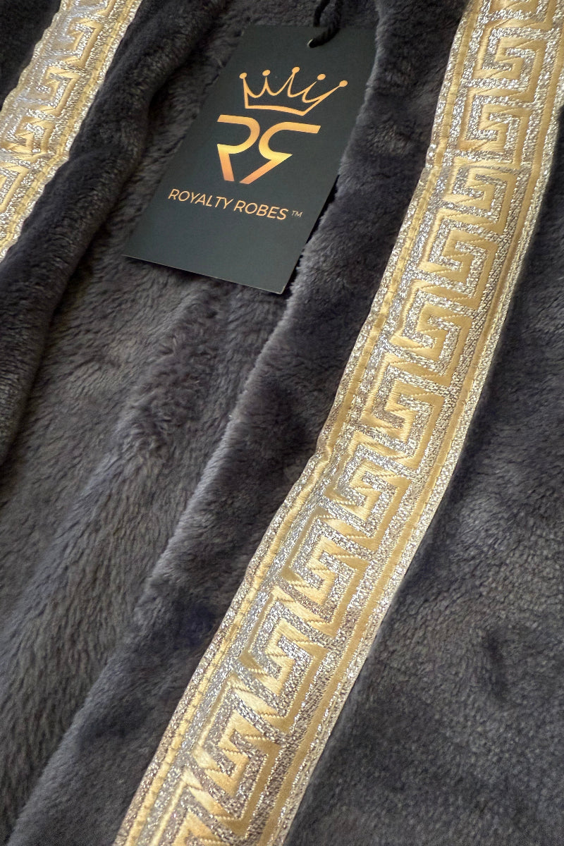 Grey Hooded Royalty Robe with Gold and Silver Greek Key Trim, soft fleece hooded bathrobe for men.