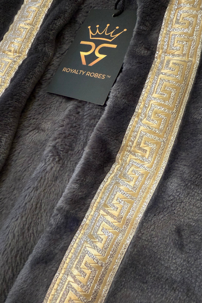 Grey hooded Royalty Robe with gold and silver Greek key trim. Soft fleece bathrobe for women with hood and pockets.