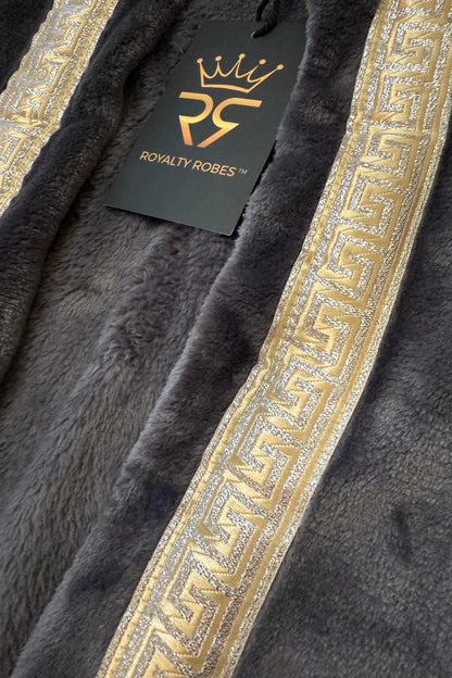Grey hooded Royalty Robe with gold and silver Greek key trim. Soft fleece bathrobe for women with hood and pockets.