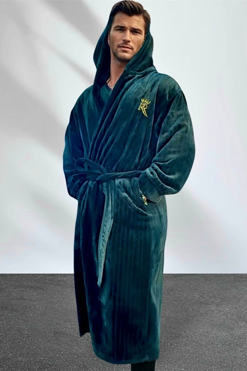 Green Hooded Royalty Robe - Royalty Robes - Male model wearing a long, dark green, soft bathrobe with hood. 