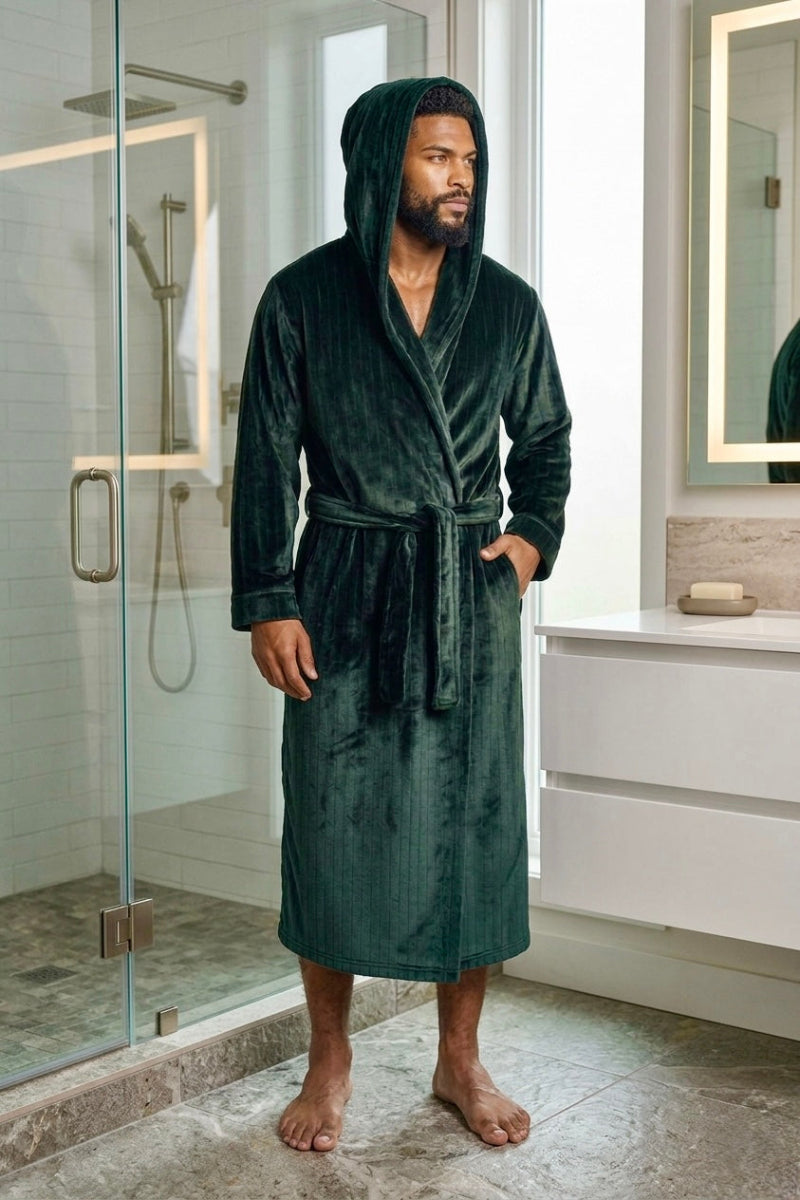 Man in bathroom wearing a dark green hooded Royalty Robe