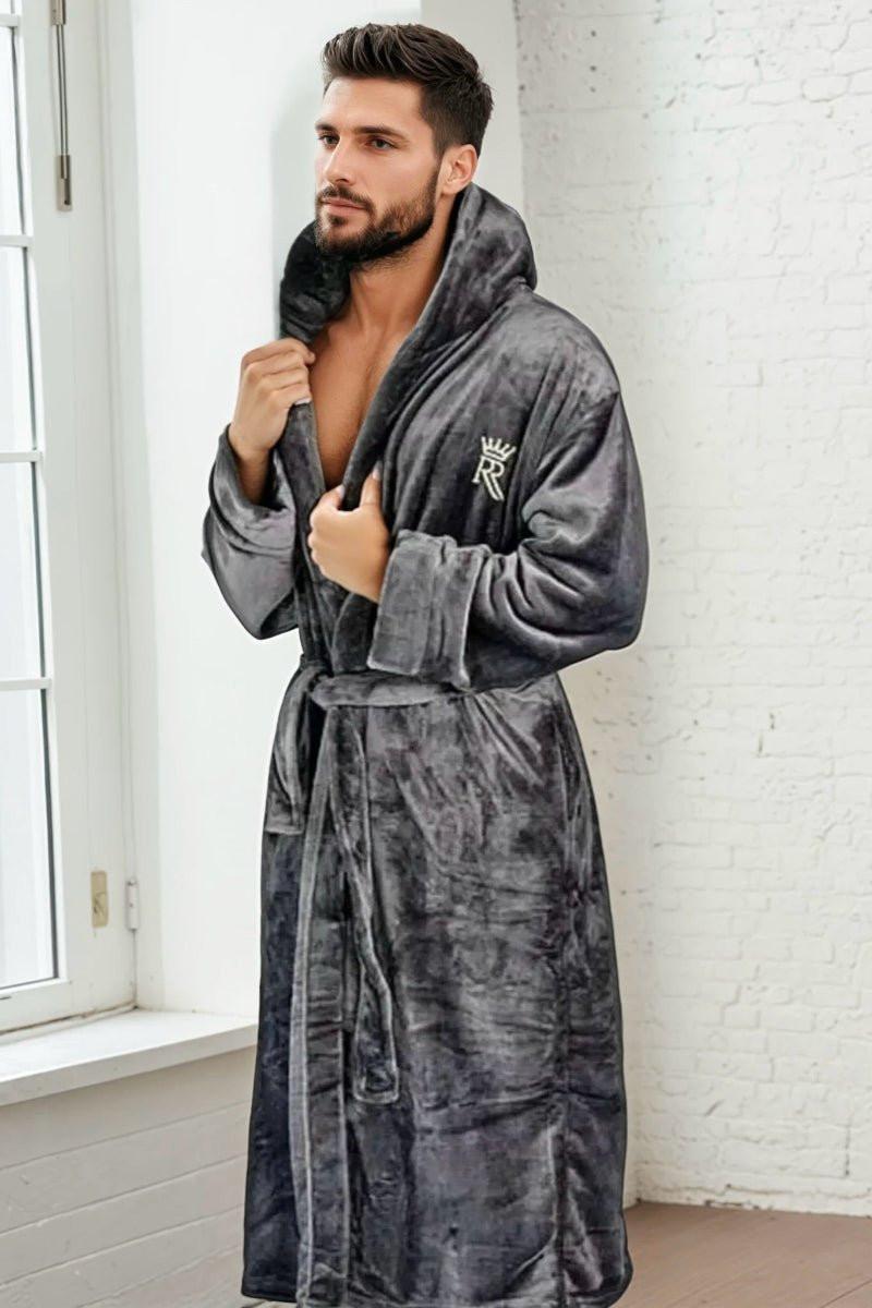 grey hooded dressing gown mens Mens Grey Fleece Hooded Dressing Gown Grey Mens Soft Dressing Gown With Hood Mens Grey Fleece