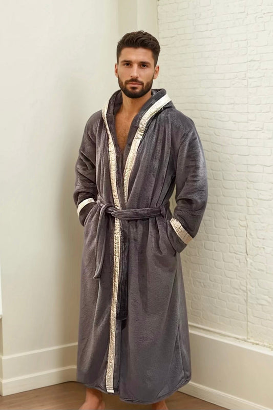 Grey Hooded Royalty Robe with Gold and Silver Greek Key Trim, soft fleece hooded bathrobe for men.