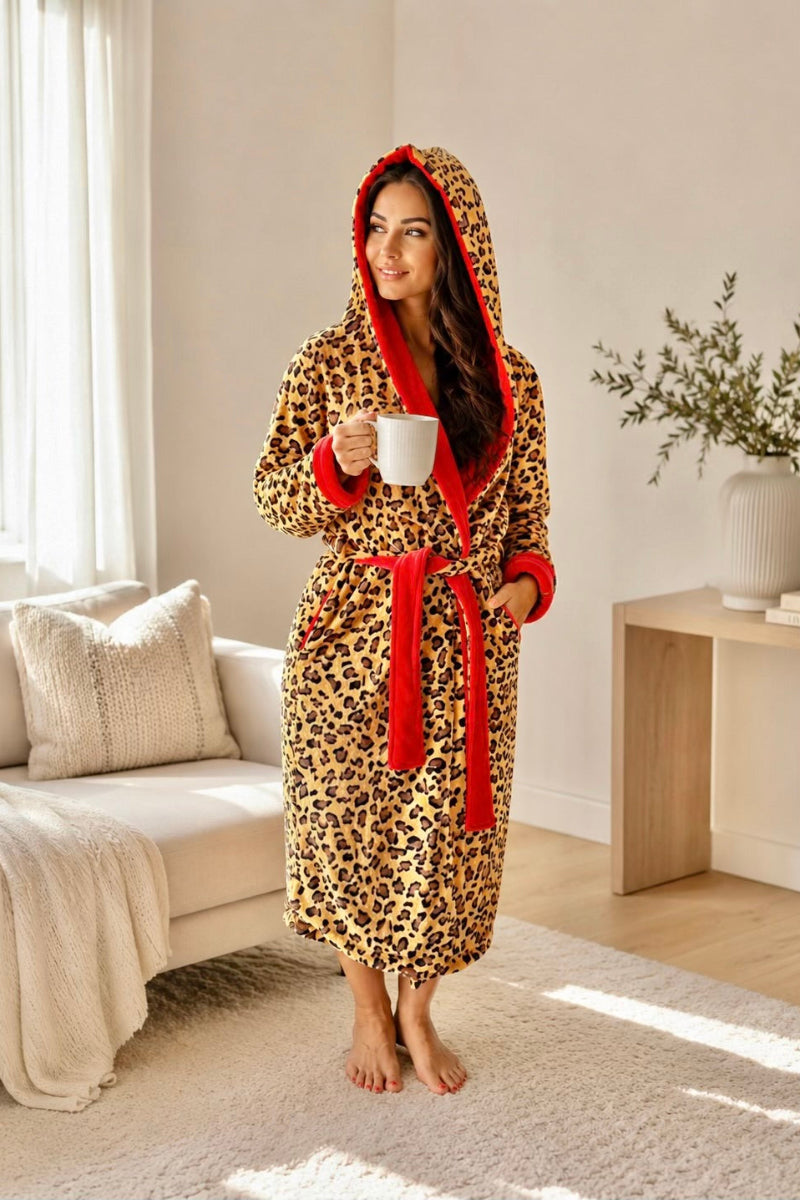 Royalty Robes Leopard print hooded fleece robe with red interior
