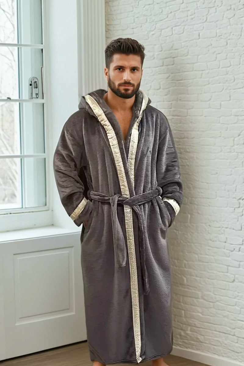 Grey Hooded Royalty Robe with Gold and Silver Greek Key Trim, soft fleece hooded bathrobe for men.