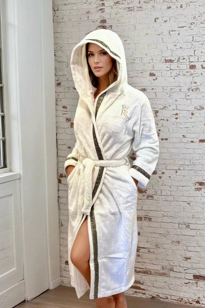 Gold Robe Rear View Womens Soft Hooded Royalty Robe with gold Greek key trim – Royalty Robes