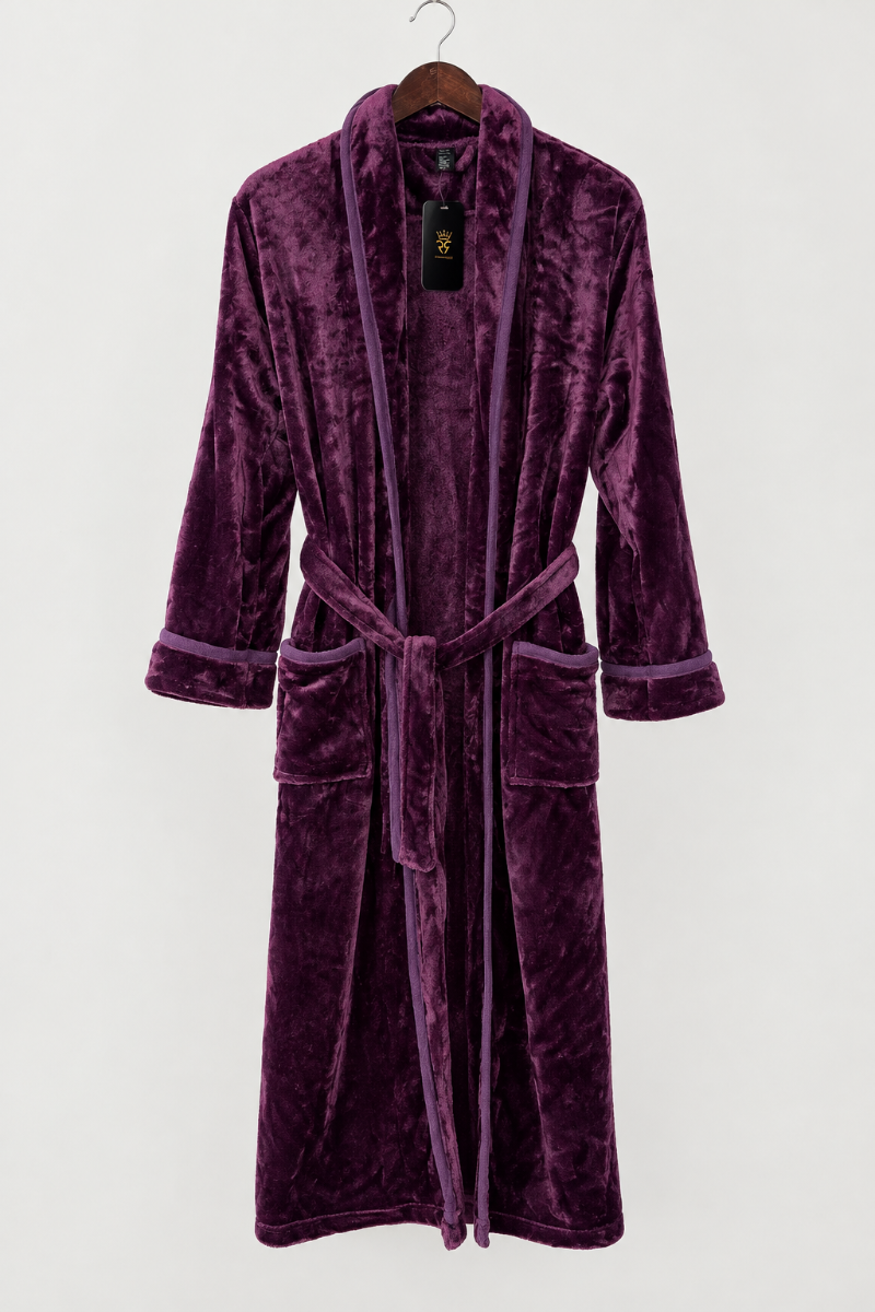 Purple fleece robe with purple trim.