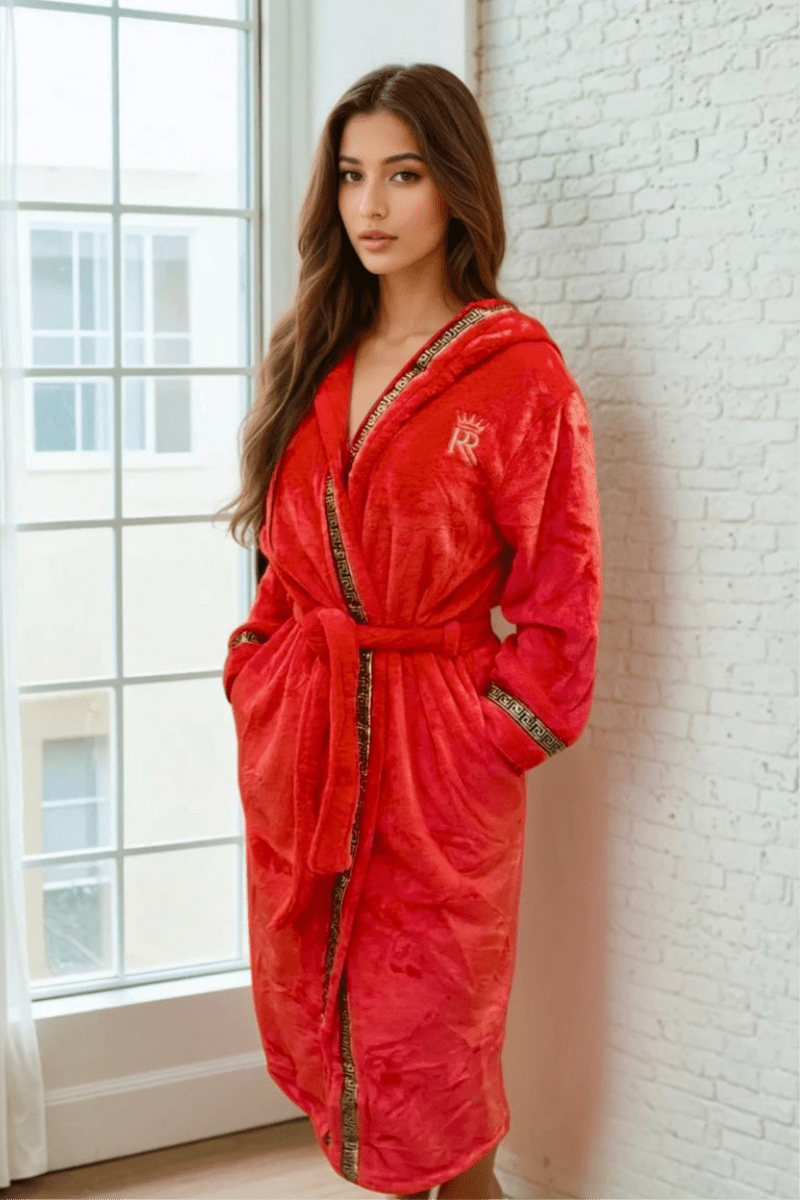 Hooded Royalty Robe With Gold Greek Key Trim - Royalty Robes - a model wearing a long bright red bathrobe with a hood and gold Greek key trim. Soft fleece housecoat for women with pockets.
