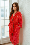 Hooded Royalty Robe With Gold Greek Key Trim - Royalty Robes - a model wearing a long bright red bathrobe with a hood and gold Greek key trim. Soft fleece housecoat for women with pockets.