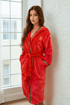 Hooded Royalty Robe With Gold Greek Key Trim - Royalty Robes - a model wearing a long bright red bathrobe with a hood and gold Greek key trim. Soft fleece housecoat for women with pockets.
