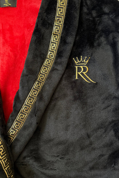 Royalty Robes red interior robe with gold Greek key trim and gold logo embroidery.