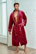 The Royal Burgundy Robe - Royalty Robes  Male model wearing a dark red robe with gold Greek key trim and pockets. Soft fleece mens sleep and loungewear.