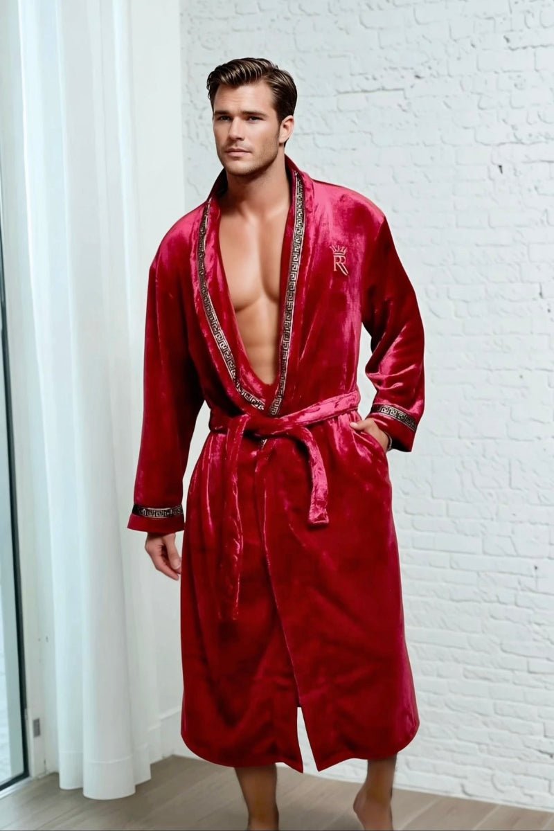The Royal Burgundy Robe - Royalty Robes  Male model wearing a dark red robe with gold Greek key trim and pockets. Soft fleece mens sleep and loungewear. 