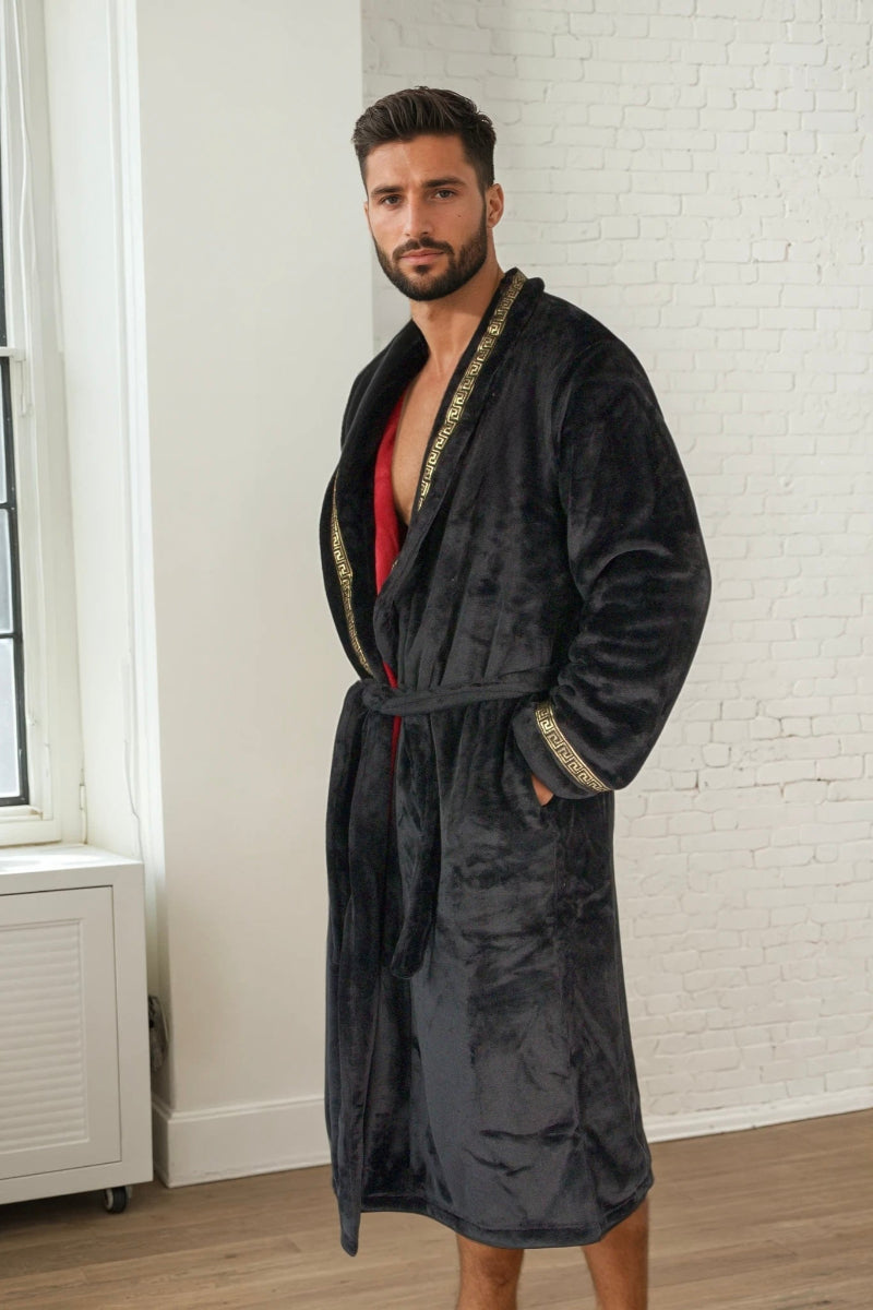 Royalty Robes Royal King robe - male model wearing black robe with red interior and gold Greek key trim. Soft fleece mens bathrobe, housecoat for men.