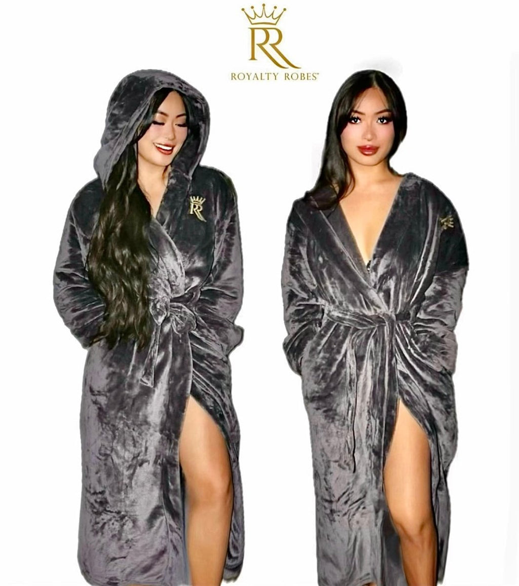 Womens Grey Hooded Royalty Robe - Royalty Robes - model wearing soft grey fleece bathrobe with hood and pockets.