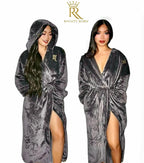 Womens Grey Hooded Royalty Robe - Royalty Robes - model wearing soft grey fleece bathrobe with hood and pockets.