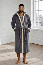 Grey Hooded Royalty Robe with Gold & Silver Greek Key Trim - Royalty Robes