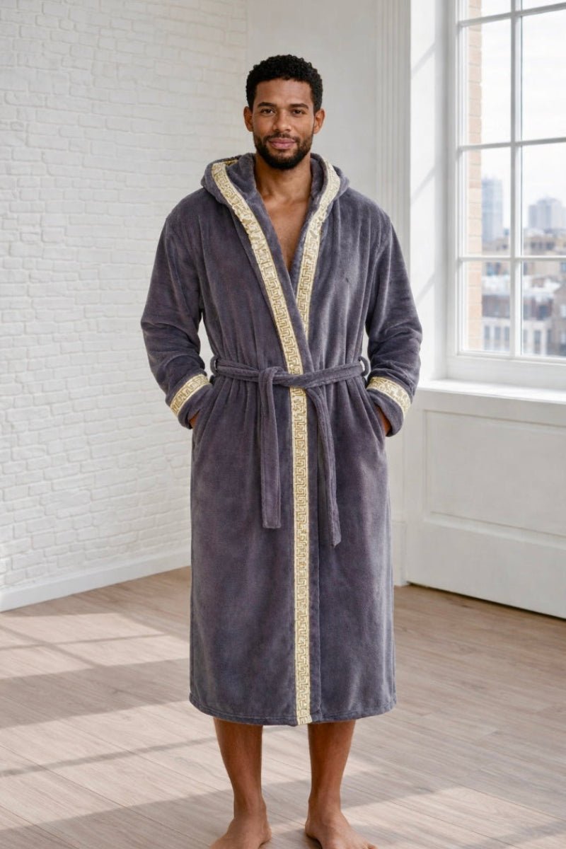 Grey Hooded Royalty Robe with Greek Key Trim - Royalty Robes