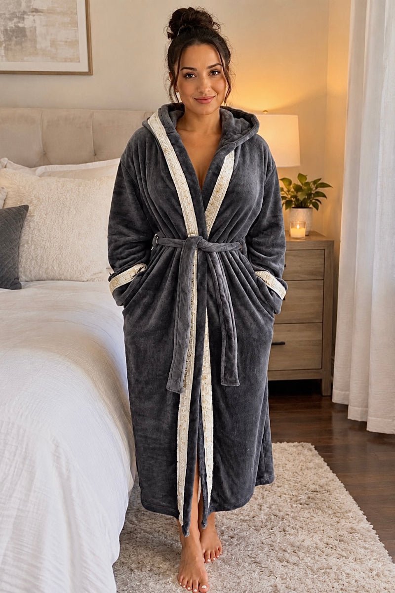Grey Hooded Royalty Robe with Silver & Gold Greek Key Trim - Royalty Robes