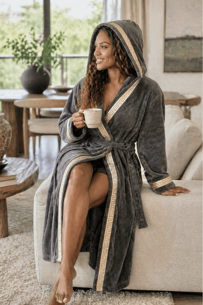 Grey Hooded Royalty Robe with Silver & Gold Greek Key Trim - Royalty Robes