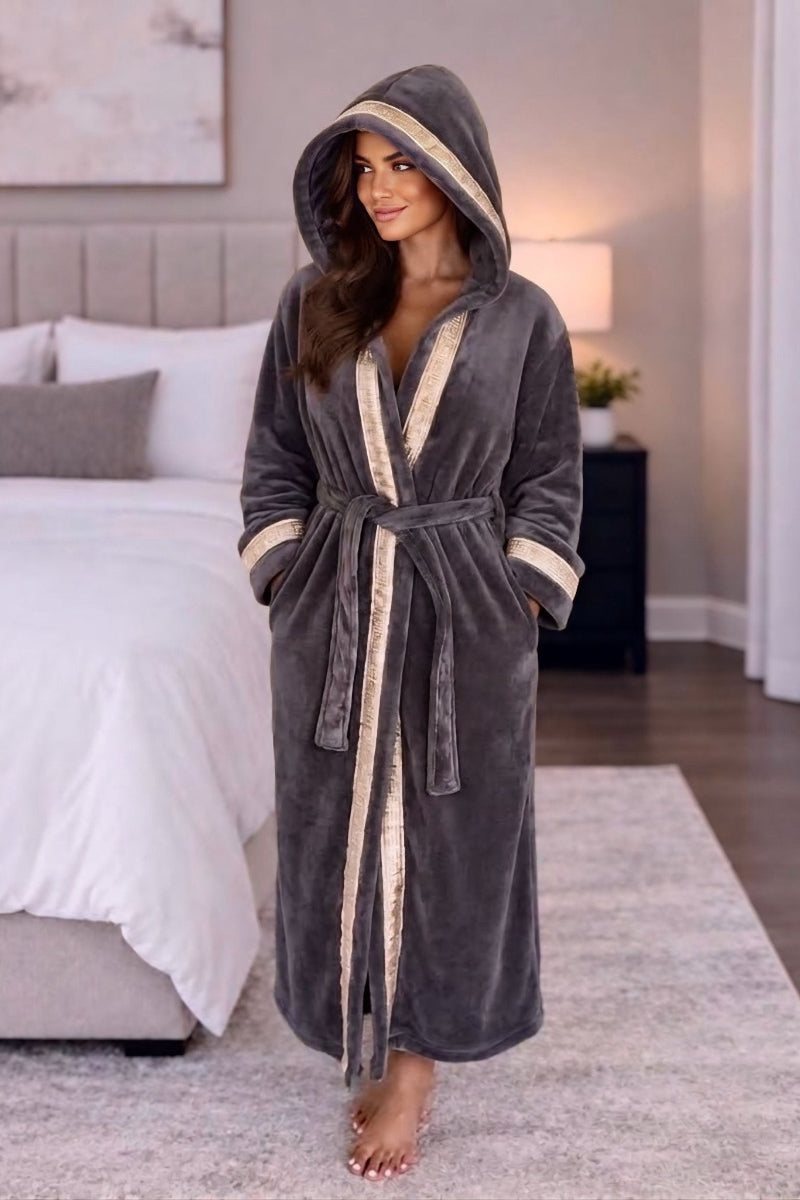 Grey Hooded Royalty Robe with Silver & Gold Greek Key Trim - Royalty Robes