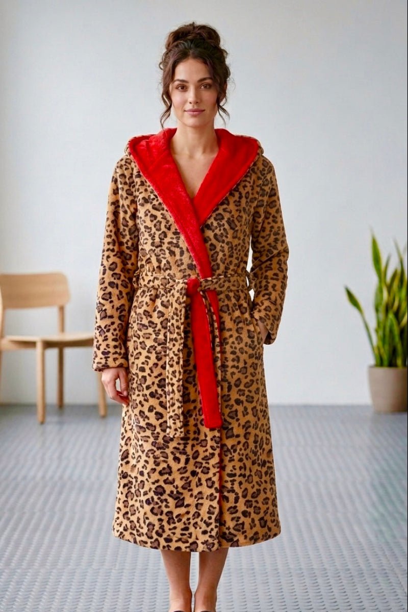 Hooded Leopard Robe with Red Interior - Royalty Robes