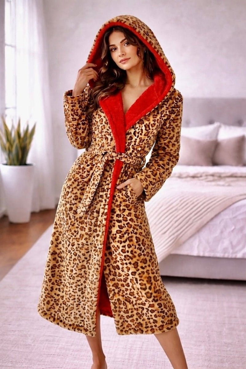 Hooded Leopard Robe with Red Interior - Royalty Robes