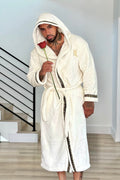 Ivory White Hooded Royalty Robe With Gold Greek Key Trim - Royalty Robes