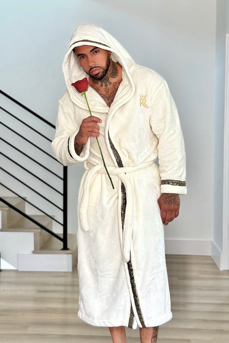 Ivory White Hooded Royalty Robe With Gold Greek Key Trim - Royalty Robes