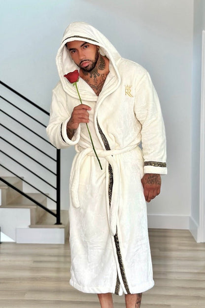 Ivory White Hooded Royalty Robe With Gold Greek Key Trim - Royalty Robes