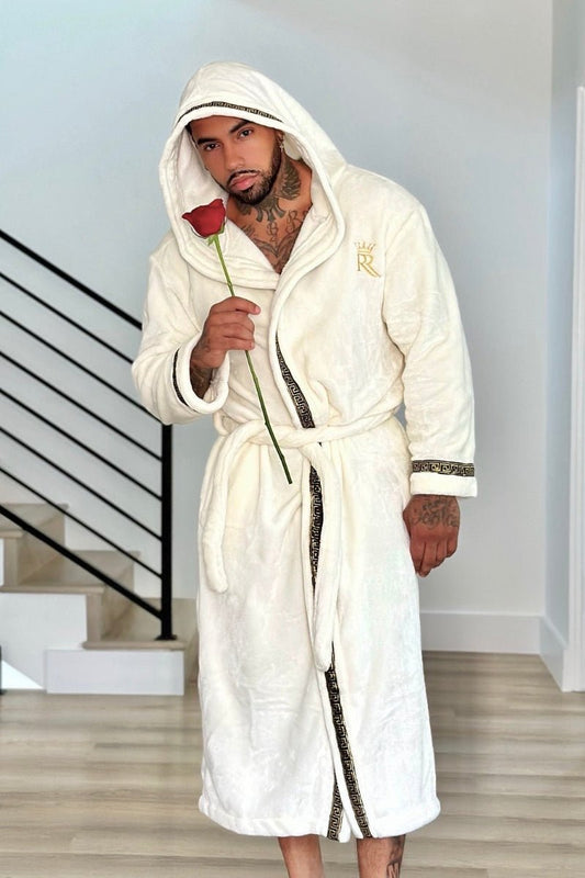 Ivory White Hooded Royalty Robe With Gold Greek Key Trim - Royalty Robes