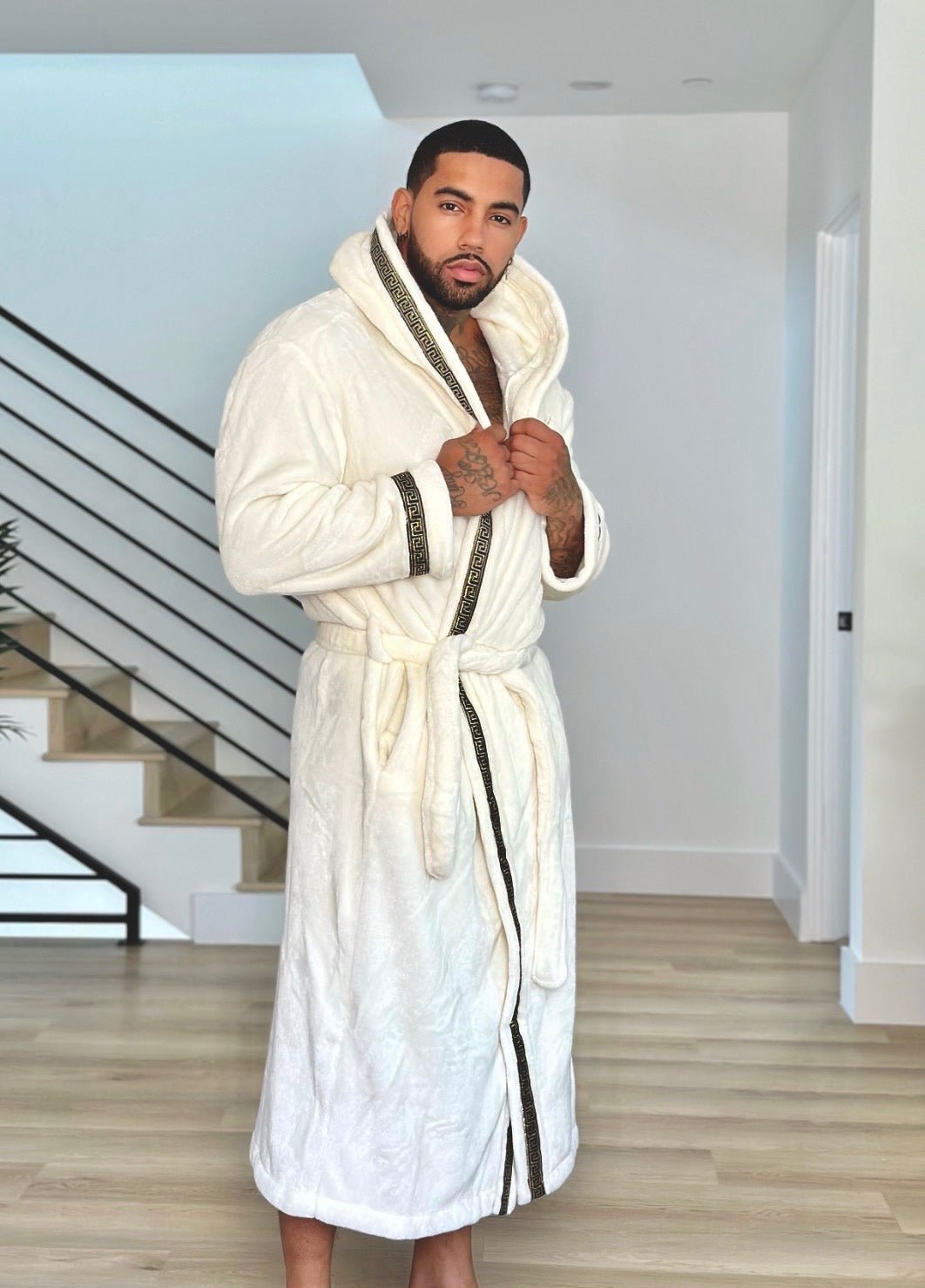 Ivory White Hooded Royalty Robe With Gold Greek Key Trim - Royalty Robes
