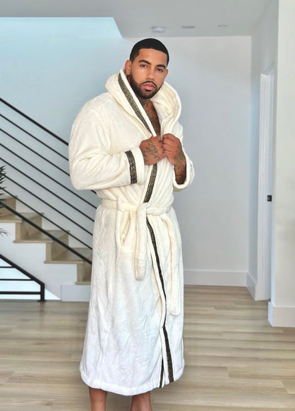 Ivory White Hooded Royalty Robe With Gold Greek Key Trim - Royalty Robes